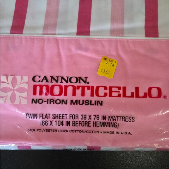 NOS Vintage Cannon Monticello No-Iron Muslin Twin Flat Sheet Pink White Striped - Picture 2 of 4